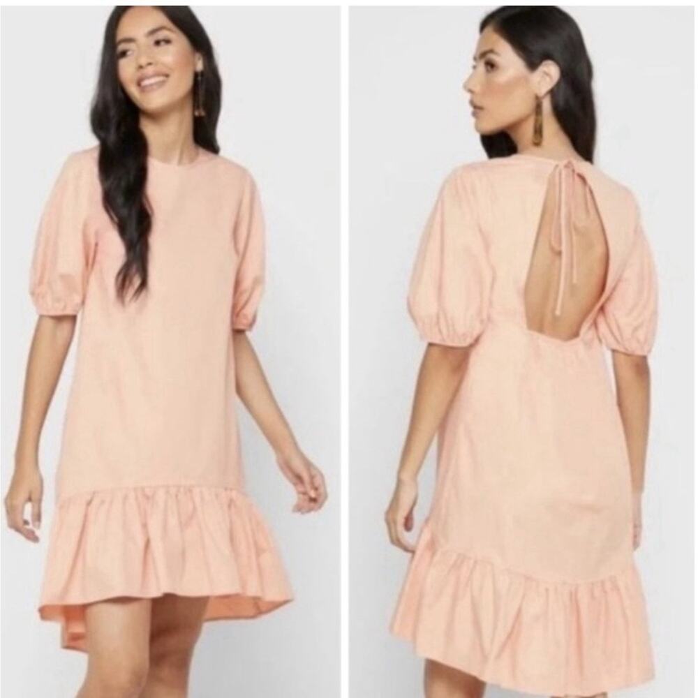 ⁠Topshop Cotton Poplin Puff Sleeve Open Back Ruffle Dress Size US 6 Peach Pink⁠